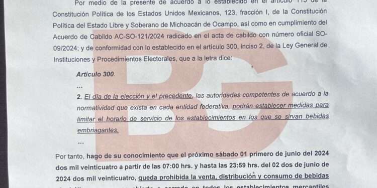 Activa Ayuntamiento de Tarímbaro Ley Seca por comicios